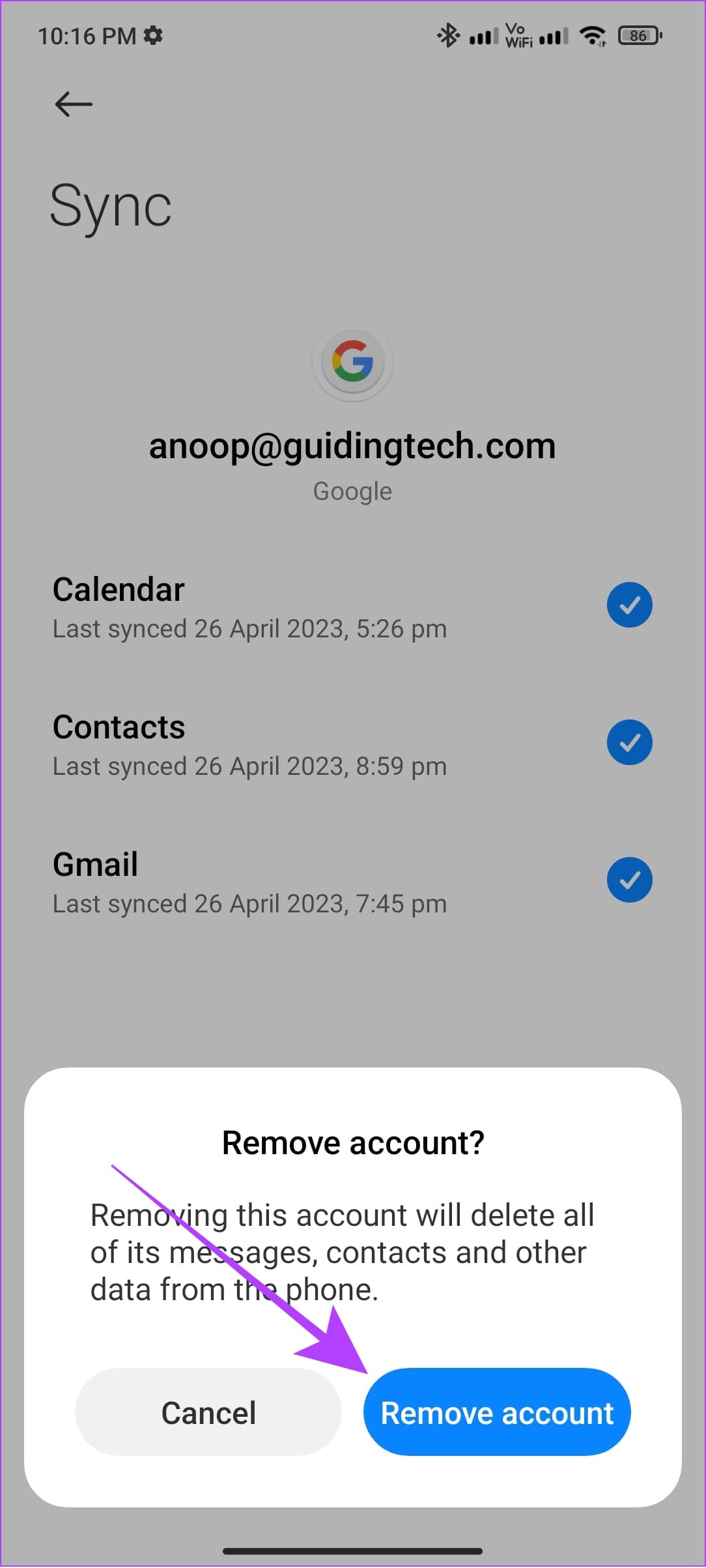 tap remove account to confirm