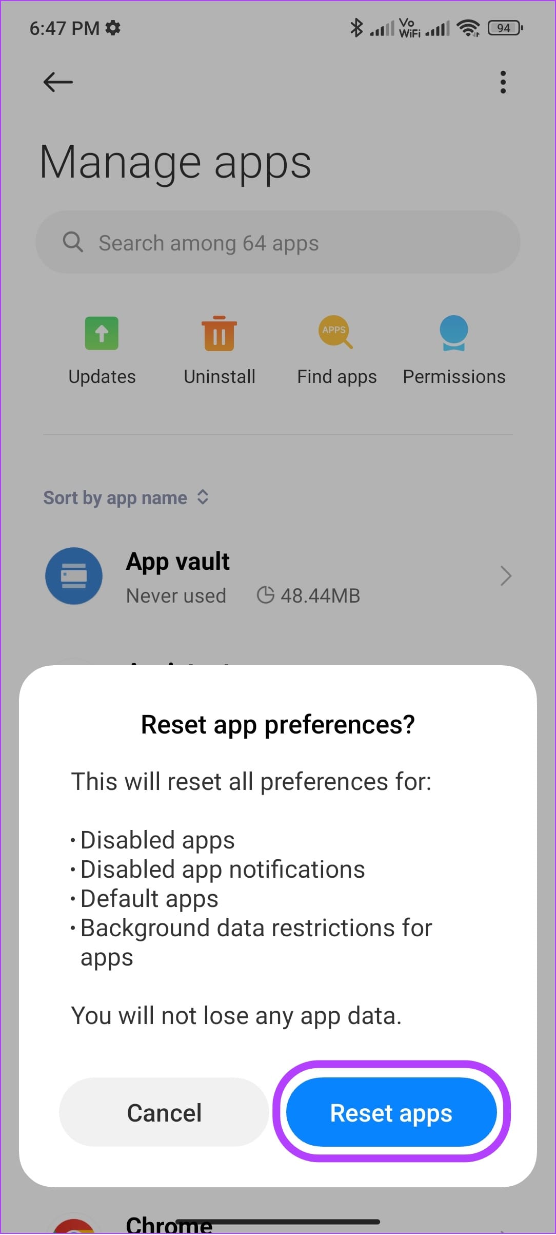 tap reset apps to confirm