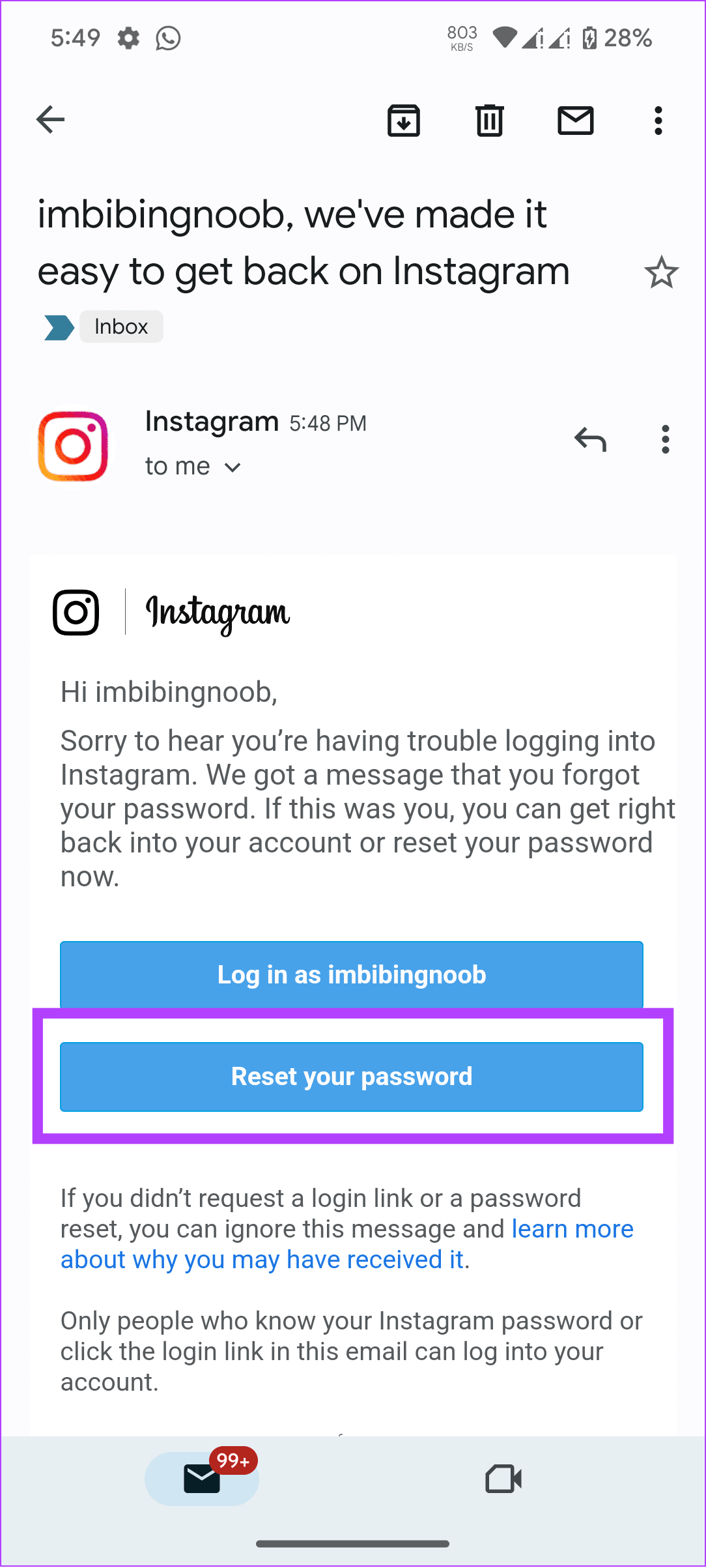 tap reset your password