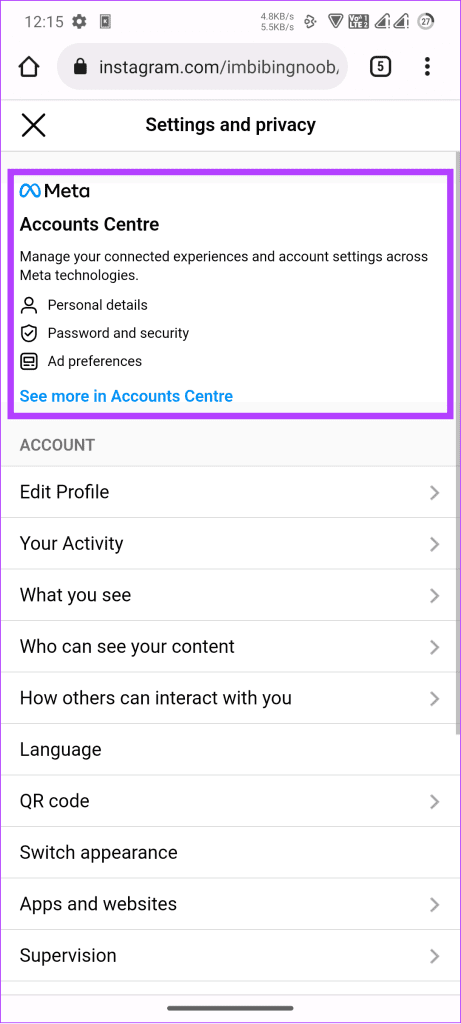 tap see more in Accounts center