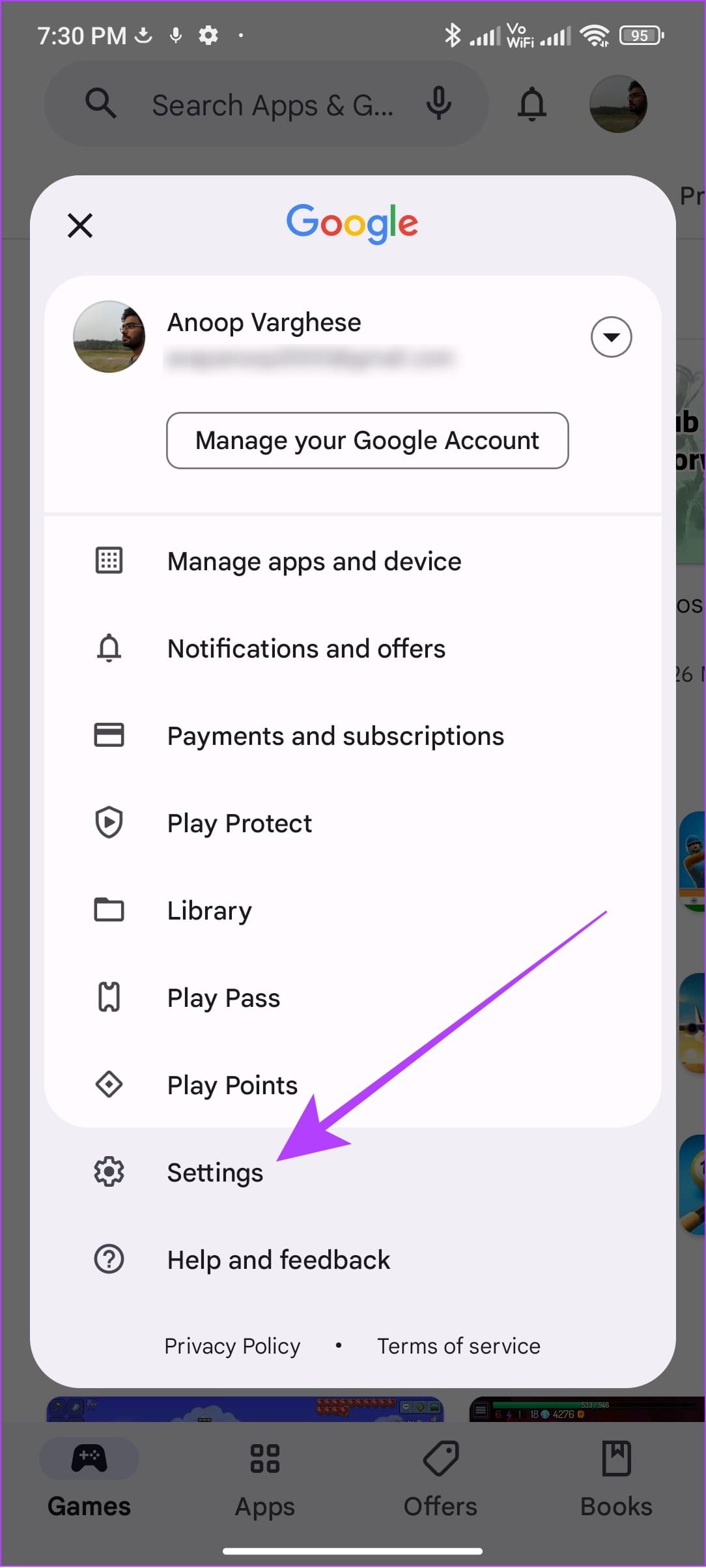 tap settings on play store