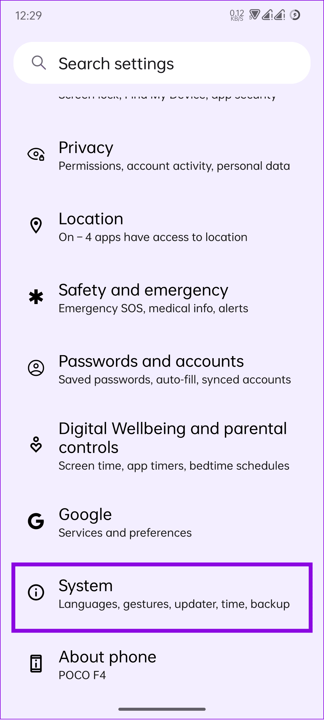 tap system in Settings