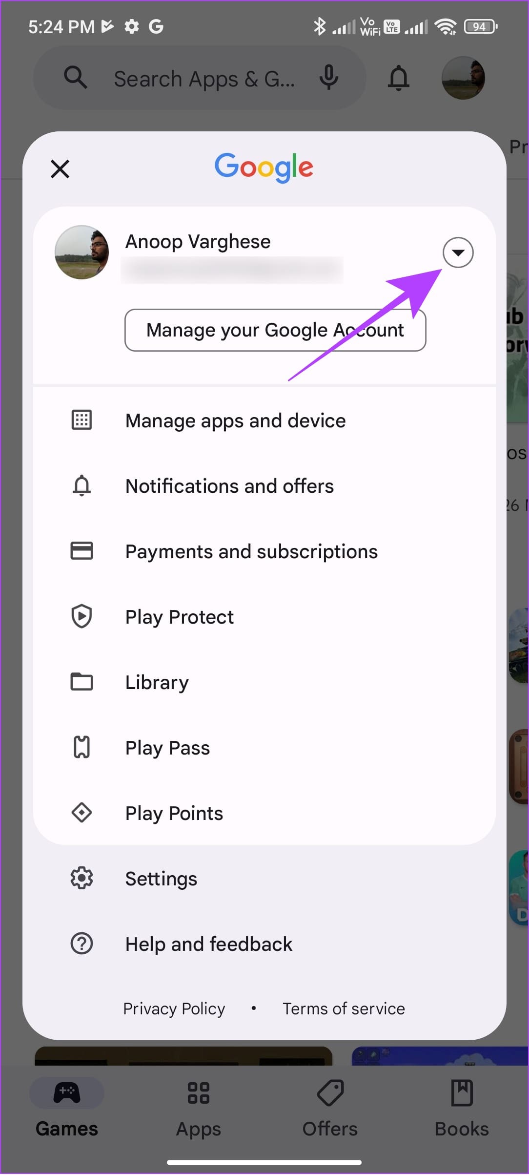 tap the arrow next to your account