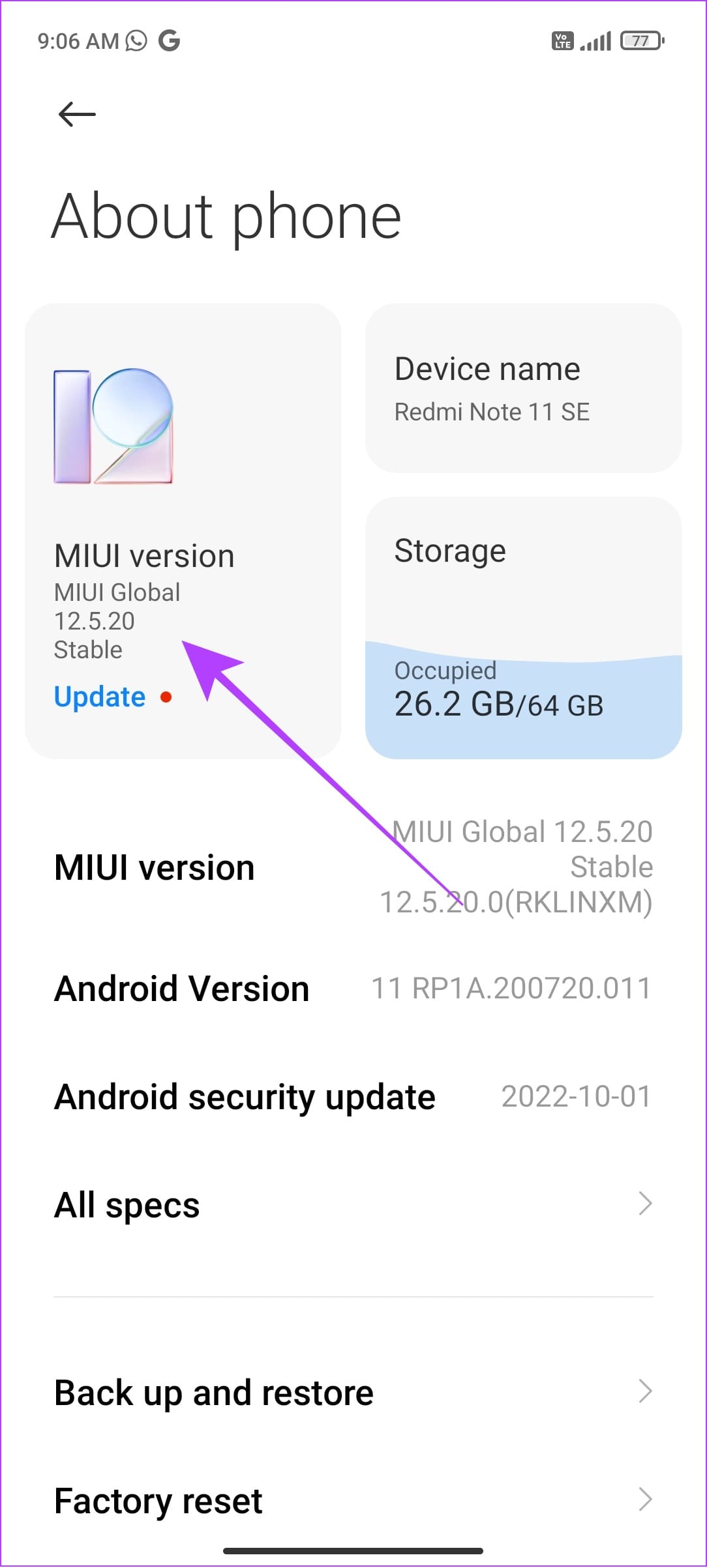 tap the current software version