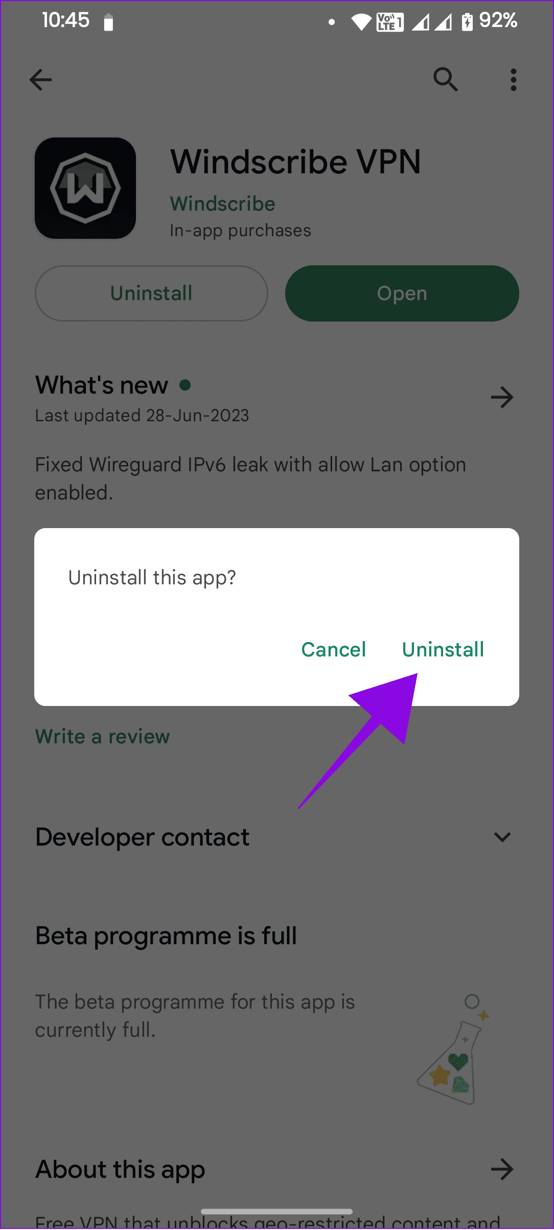 tap uninstall to confirm