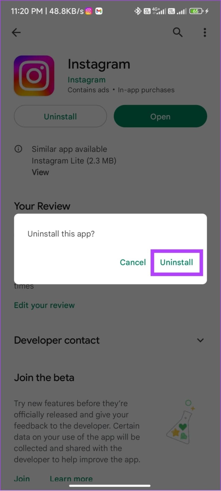 tap uninstall again to confirm