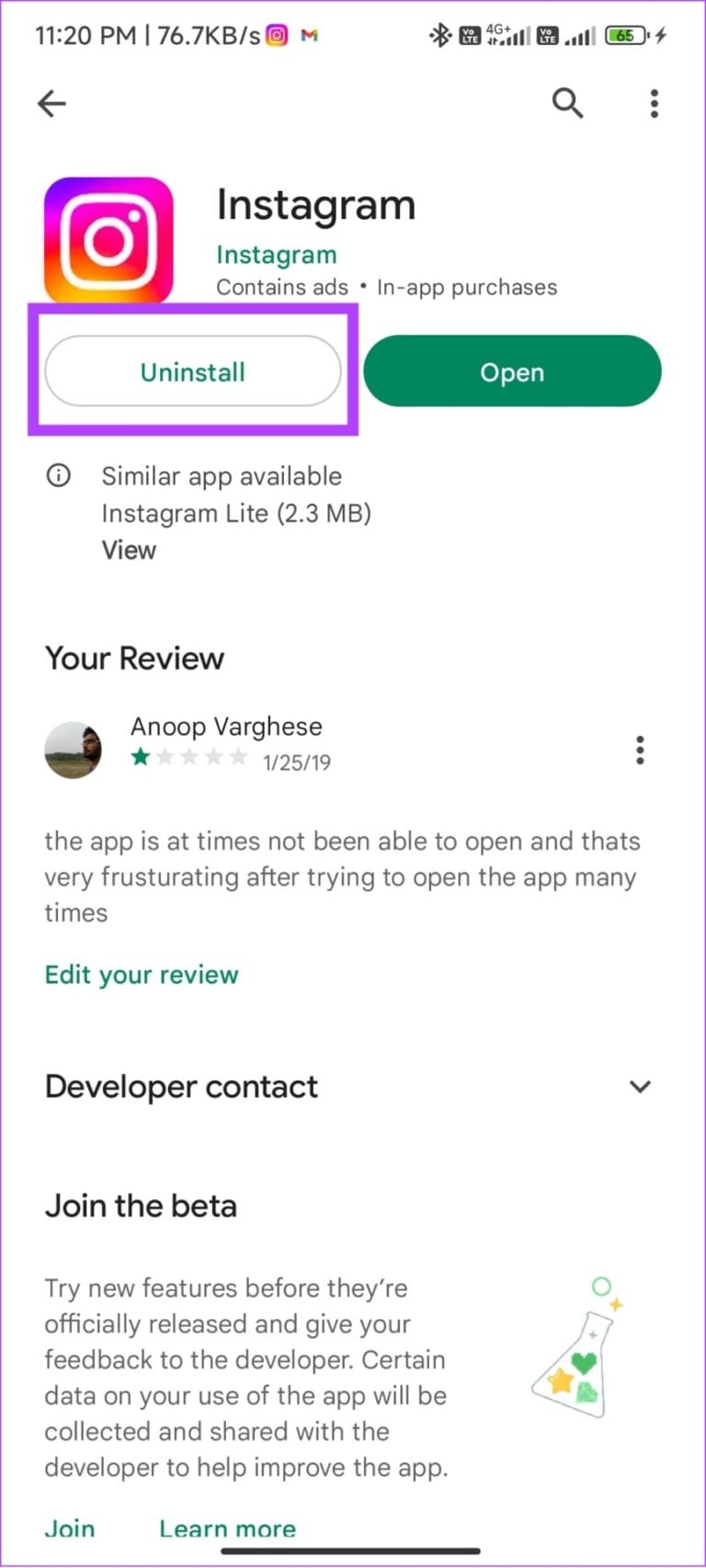 tap uninstall to confirm