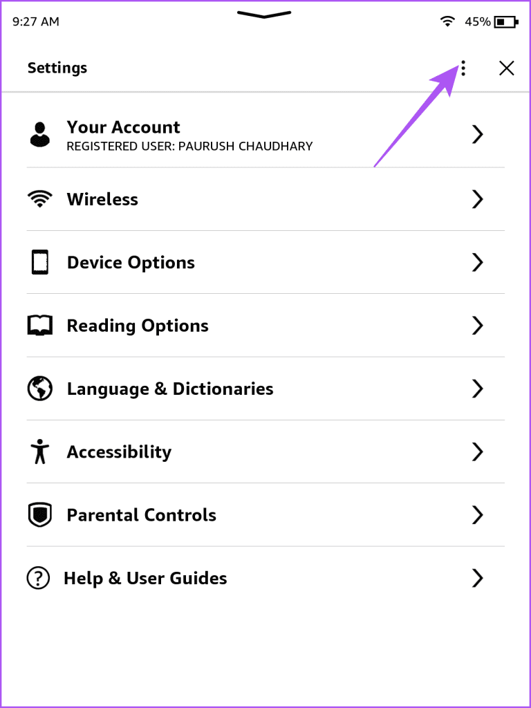three dots settings kindle