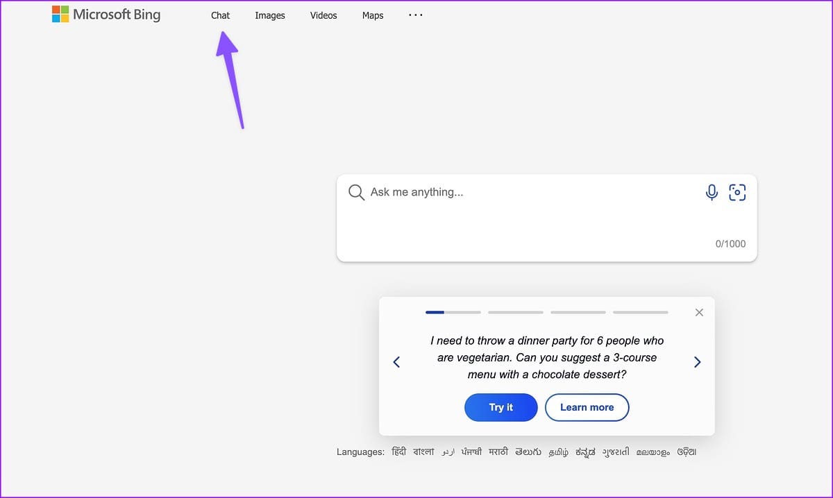 open Bing Chat on the web