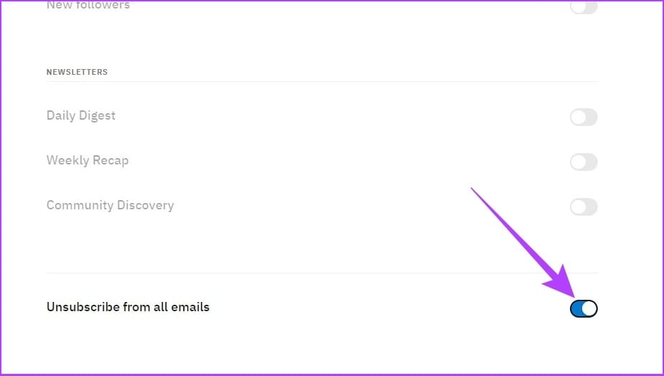 toggle on 'Unsubscribe from all emails'