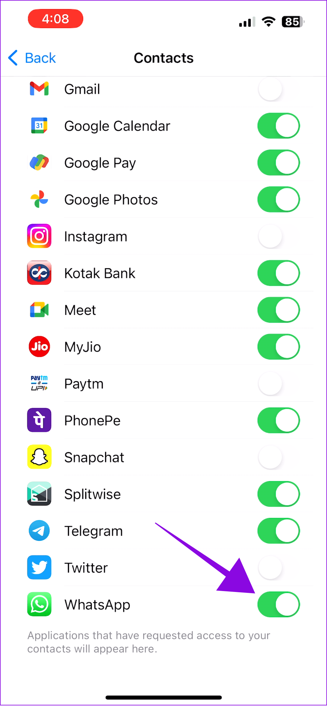toggle on WhatsApp