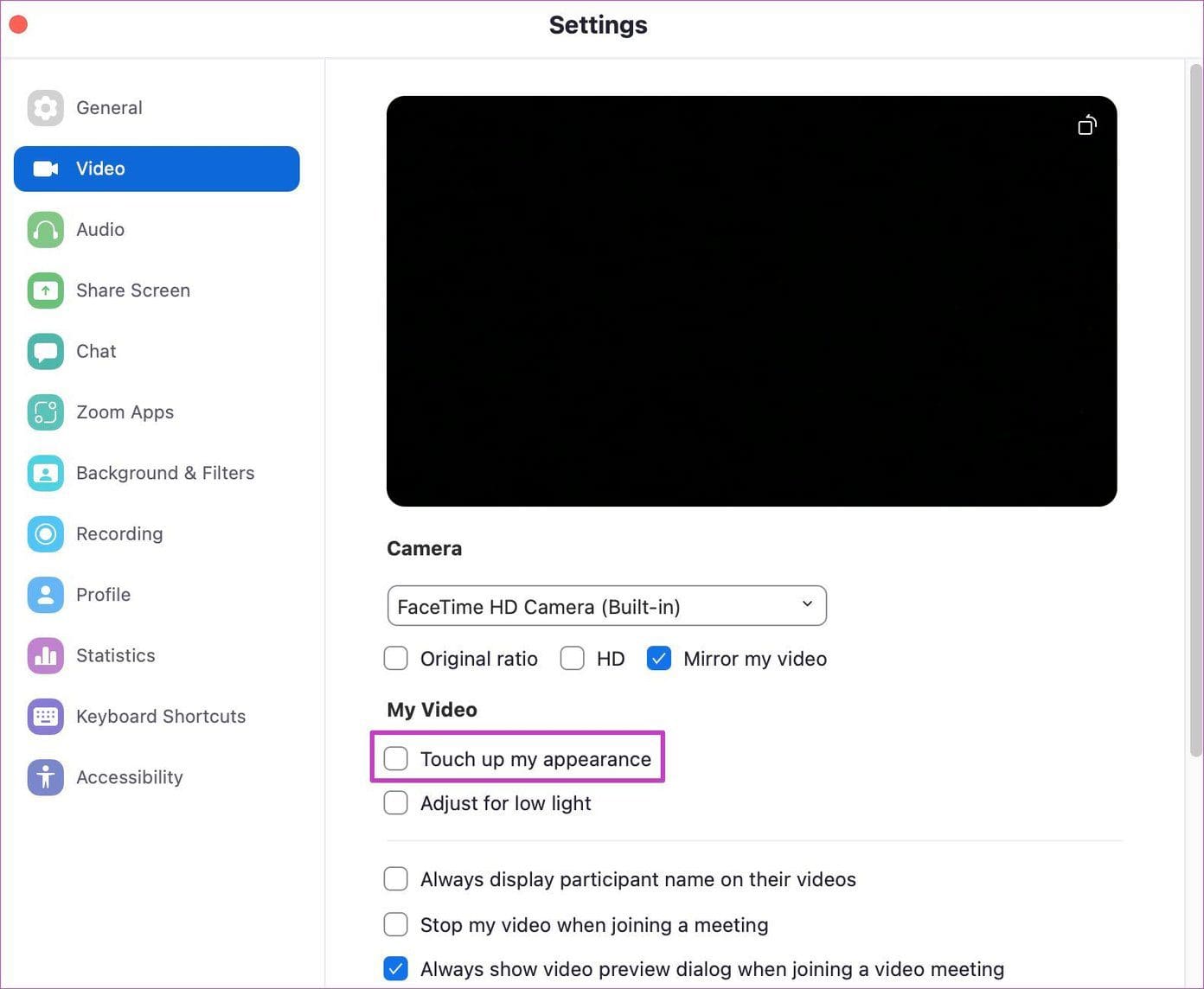 Touch up zoom apperance on mac