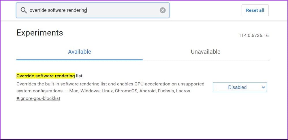type override software rendering list in search bar
