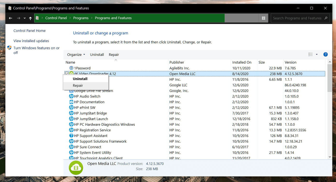 Uninstall from control panel