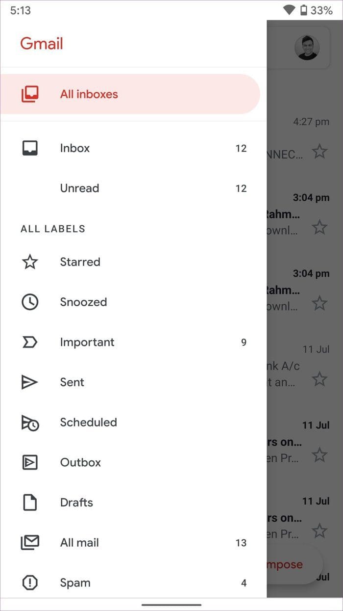 Unread in gmail app