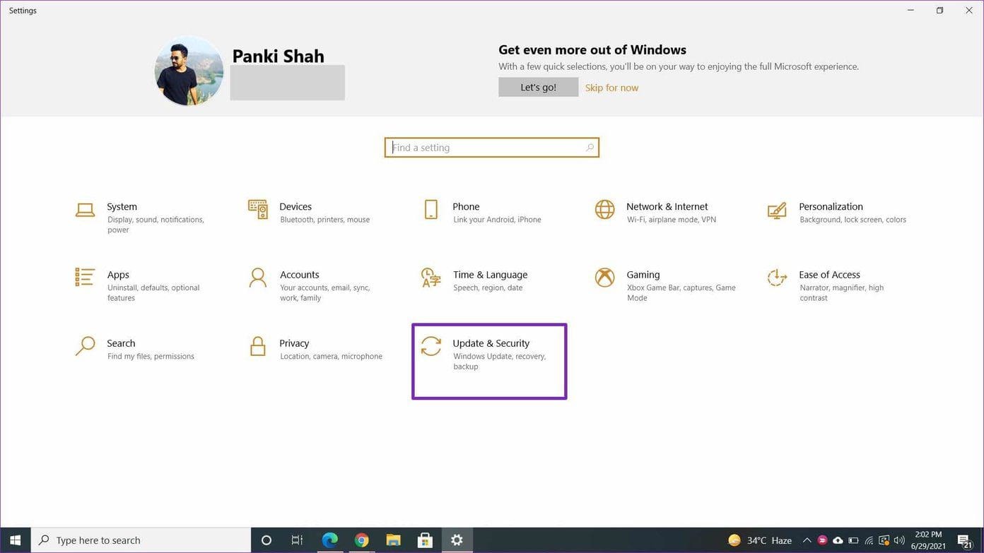 Update and security menu