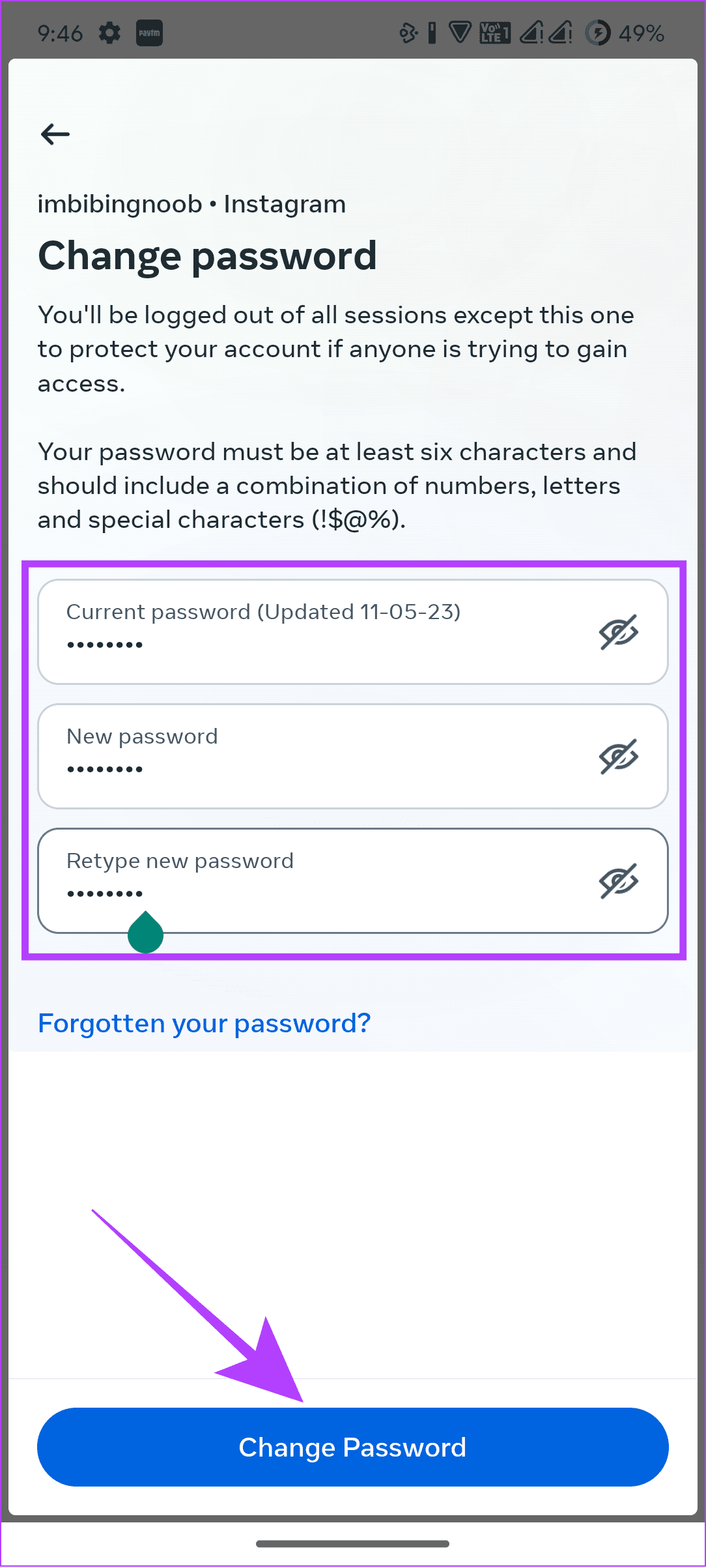 update password and tap change password