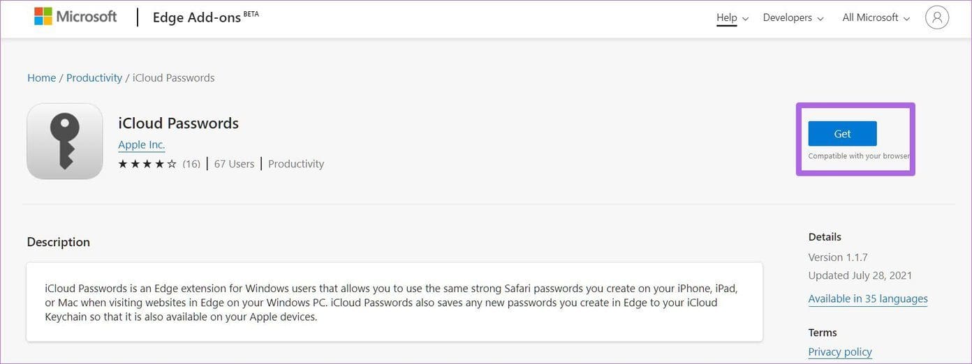 Use get button in icloud passwords