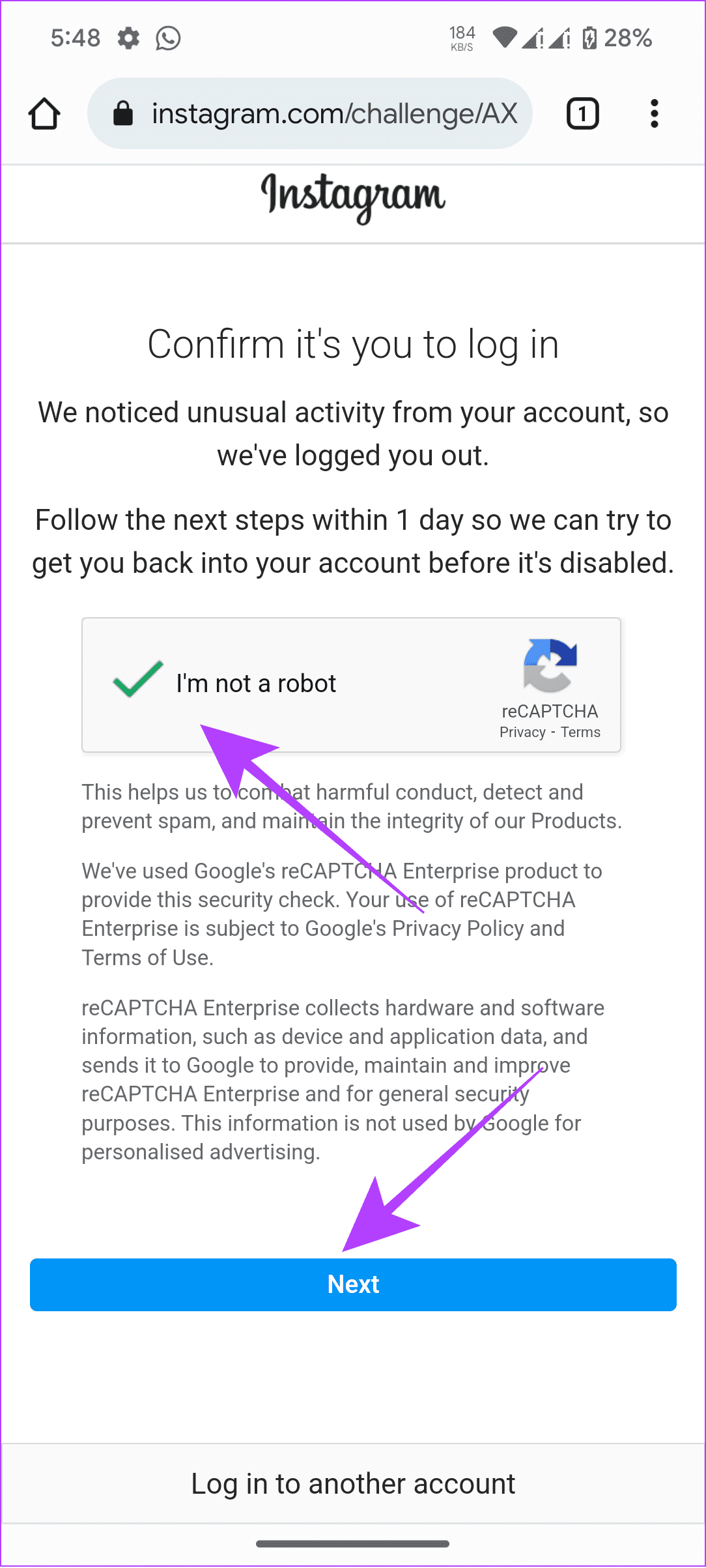 verify captcha and tap next