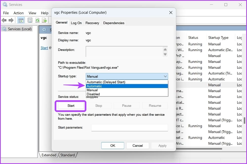 vgc properties in the services window