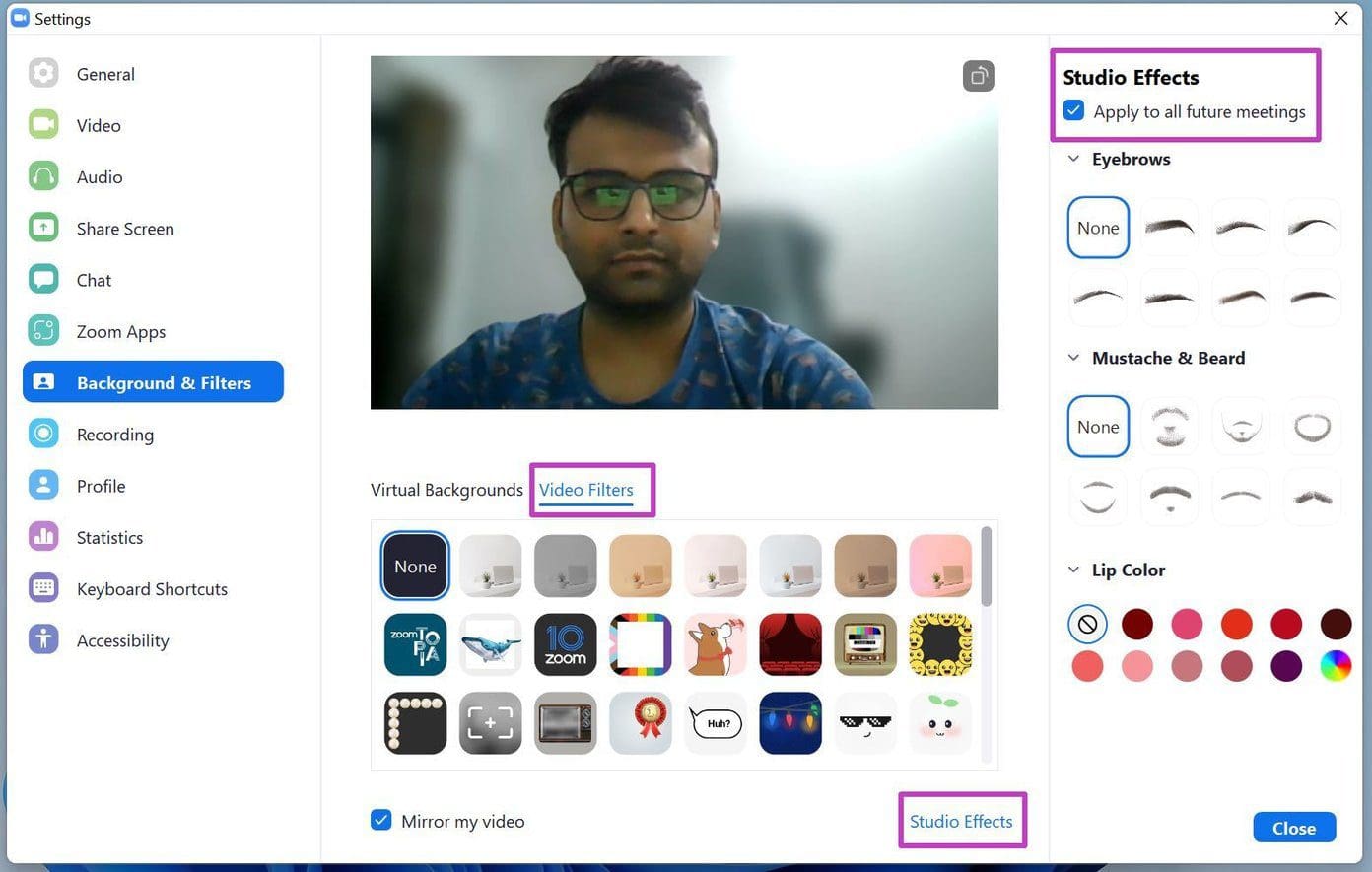 Video filters menu
