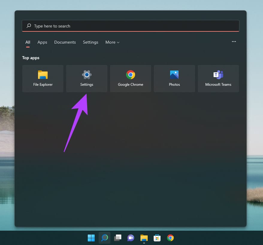 Settings in Start menu