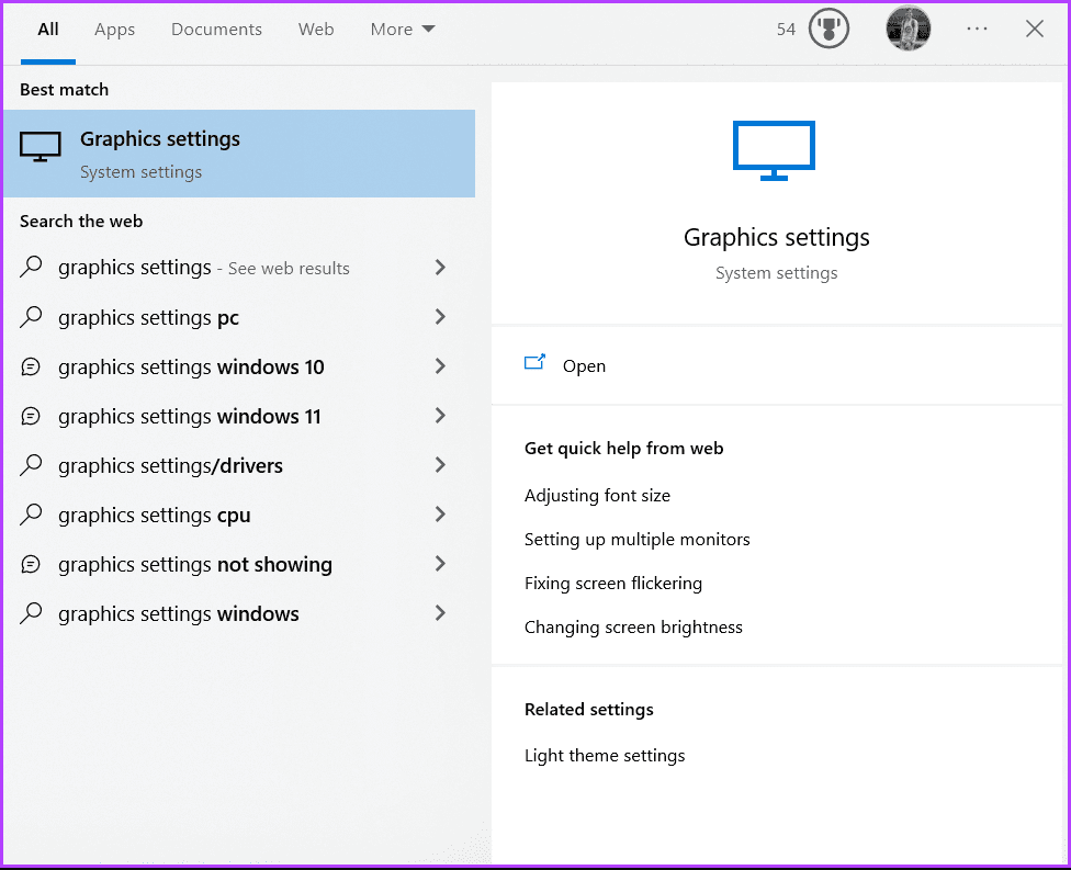 windows search for graphics settings