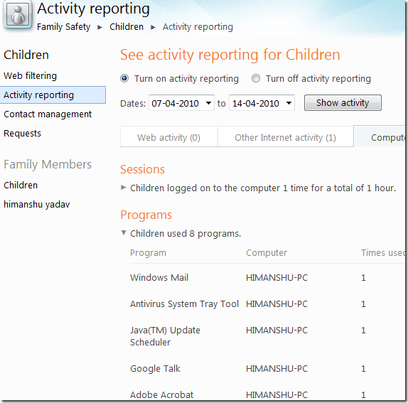 Windowsactivityreporting