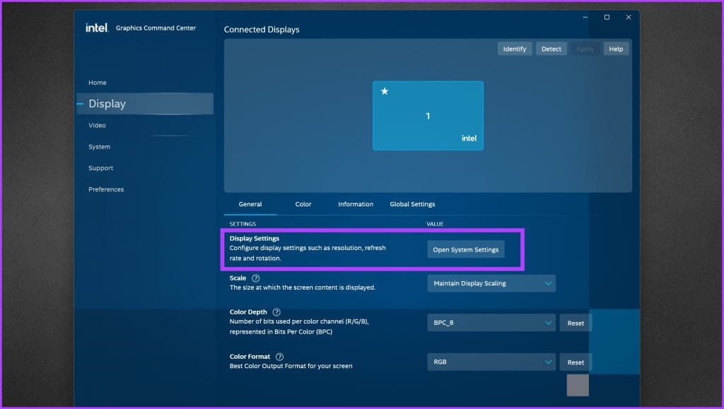 withborder_Adjust Display Settings inside Intel Graphics Command Center
